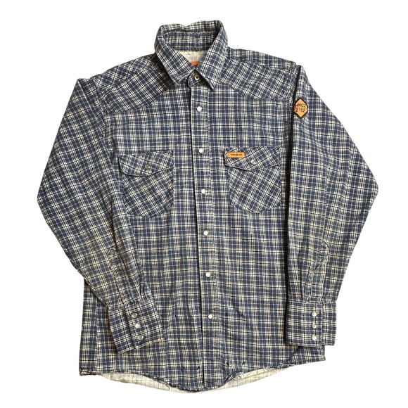 Wrangler FR Shirt Mens Large Blue Plaid Flannel Snap Western HRC2 2112 Work - Picture 1 of 11